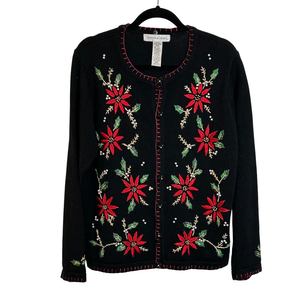 Victoria Jones Christmas Cardigan Sweater Size L Black Red Poinsettia Embroidery